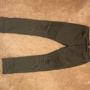 Olive green distressed biker jeans